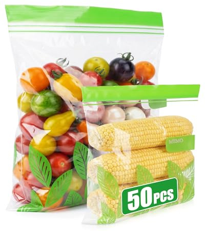 Acual Food Storage Freezer Bags 50PCS, Zip Lock Bags with Double Seal | PE Food Grade Sandwich Bags with Writable Area & Stand Up Bottom, Leakproof for Meat, Fruits, Vegetables (Medium & Large)