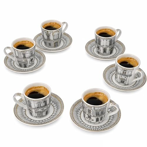 MamboCat Palazzo 6er Set Espressotassen mit Untertassen I 6 Personen I Porzellan I 6X kleine Tasse 80 ml & 6X Untertasse I schwarz-weißes Architektur-Dekor mit matt güldenen Details
