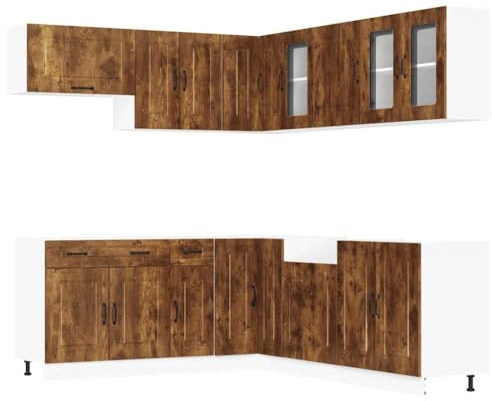 Mhdvray Juego de muebles de cocina Kalmar de 11 piezas, cocina modular esquinera con armarios colgantes, armario bajo fregadero y panel para lavavajillas, roble ahumado