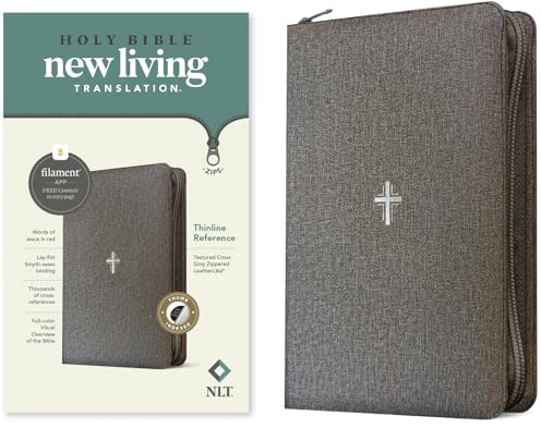 NLT Thinline Reference Zipper Bible, Filament Enabled: New Living Translation, Textured Cross Gray, Leatherlike, Thinline Reference, Zipper, Filament Enabled, Indexed, Red Letter With Ribbon Marker