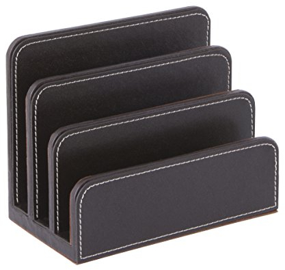 OSCO Brown Faux Leather Letter Holder | Mail Sorter | Post Rack | Envelope Organiser | Document Stand | Desk File Storage | Display Slots | H14 x W17.5 D10 cm |