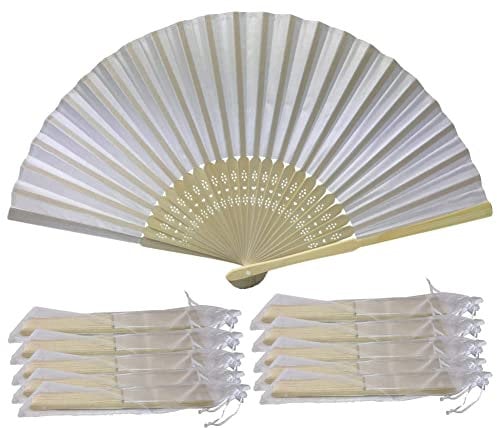 FANSOF.FANS White Pack of 10 Wholesale Silk Fabric Handheld Folding Fan with Grade A Bamboo Ribs for Women Girls Summer Party Event Favour Birthday Wedding Best Gift