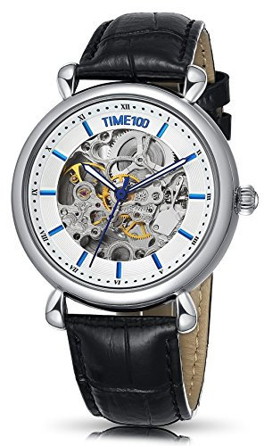 TIME100 Muttertag Damenuhr mechenische Skelett Uhr Automatik Leder Schwarz Cyber Monday Woch