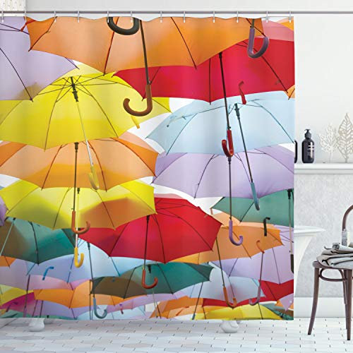 ABAKUHAUS Colorato Tenda da Doccia, Ombrelli Vivid impiccati, Tessuto Set di Decorazioni per Il Bagno con Ganci, 175 cm x 200 cm, Multicolore