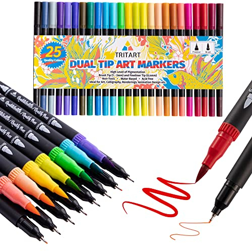 Tritart Dual Brush Pens Pinselstifte Set 25 Filzstifte Dicke & Dünne Seite I Doppel Fineliner mit Farben auf Wasserbasis I Dual Tip Marker für Bullet Journal Kalligraphie Manga