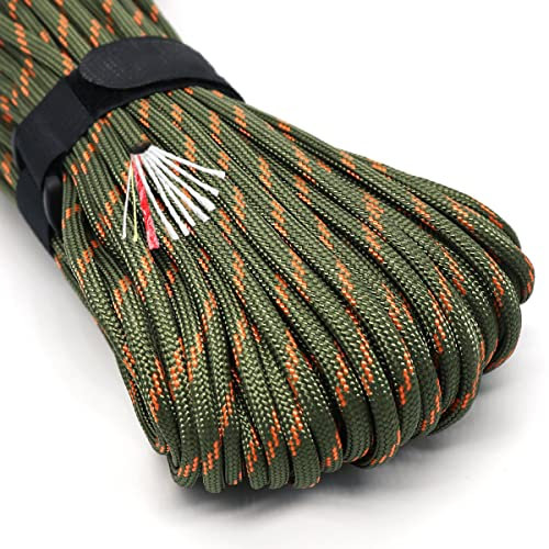 PSKOOK Survival-Paracord, Fallschirm-Feuerschnur, Survival-Seil, 7 Stränge, Nylon, rote Zunderschnur, PE-Angelschnur, Baumwollfaden, Outdoor, Armeegrün Tarnmuster, 30,5 m