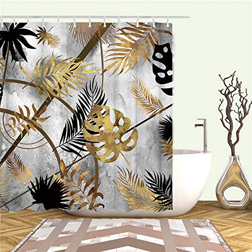 Rideau de douche à feuilles tropicales noir et doré en tissu polyester imperméable pour décoration de salle de bain avec crochets 72 x 72 pouces