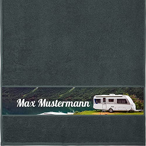 Manutextur Handtuch mit Namen - personalisiert - Motiv Wohnwagen 1 - viele Farben & Motive - Dusch-Handtuch - anthrazit - Größe 50x100 cm - persönliches Geschenk mit Wunsch-Motiv und Wunsch-Name