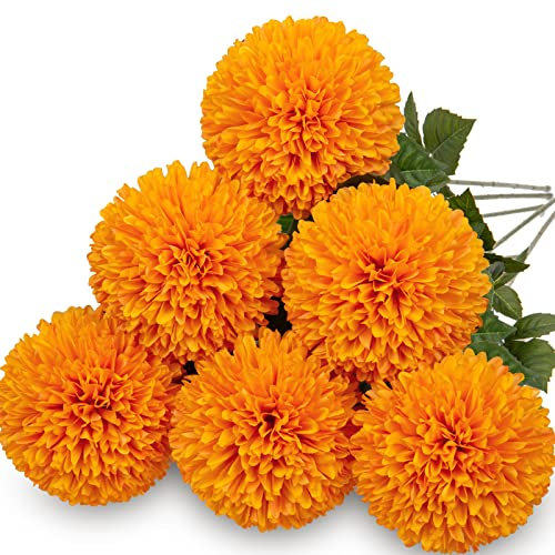 Briful Künstliche Chrysanthemen für den Herbst, 10,2 cm, große Köpfe, Stängel, Orange, künstliche Hortensien, Brautstrauß für Zuhause, Garten, Party, Hochzeit, Herbsternte, Dekoration, 6 Stück