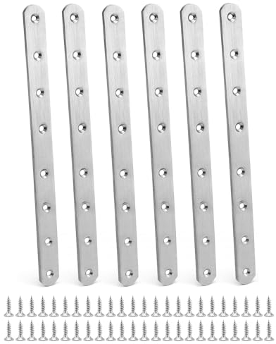 QWORK® 6 Stück 295*25mm Edelstahl Lochplatte Flachverbinder , Halterung Metallverbinder , Holzverbinder Flache Ecke Brackets , mit 48 Befestigungsschrauben