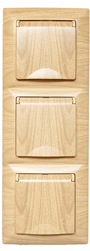 GUNSAN Visage 3er 3-fach Steckdose mit Deckel und Rahmen SET Schutzkontakt Steckdose Unterputz Holz-Optik Beige