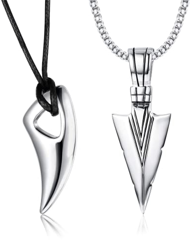 Diamday 2Pcs Edelstahl Anhänger Halskette für Herren Spearpoint Pfeilspitze Wolfszahn Anhänger Kette Halskette Set Silber