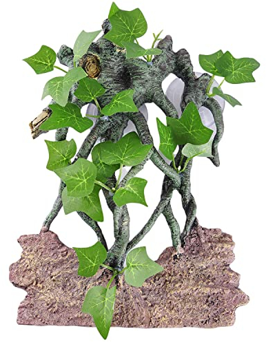 IBWell Harz Reptilien Eckzweig mit Stein, Amphibien Eidechse Schlange Kletterornament, lebensechte Terrarienpflanze Dekoration mit Saugnapf