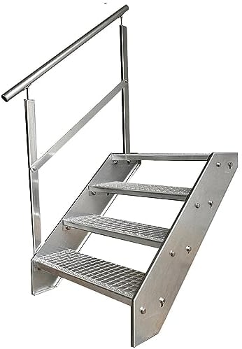 Kaminbau Mierzwa Premium Stahl Treppe Geländer Links Verzinkt 4 Stufen (Breite 1200 mm) (Höhe 76 cm) Wetterfest Gitterroststufe Gartentreppe