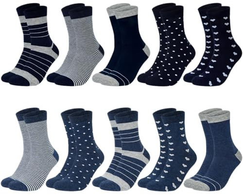 Chalier Cozy 10 Paar Damen Socken Baumwolle mit bunten Streifen, Punkte und Herzen - Bequeme Alltagssocken, ideale Geschenke für Frauen. Einheitsgröße (Gemischte Farbe 3)