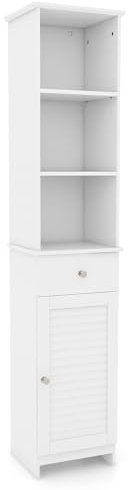 COSTWAY Bathroom Tall Cabinet, Freestanding Slim Storage Cupboard with Adjustable Shelves, Drawer and Door, Wooden High Narrow Bathroom Floor Cabinet Unit for Living Room Kitchen Hallway (White)