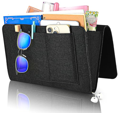 Andibro Nachttisch Aufbewahrungstasche, hängender Bett Organizer, tragbarer Nachttisch Caddy Filzbett Aufbewahrungstasche Bett Sofa Regal Beutelhalter mit 5 für Bücher Tablet TV(Schwarz)