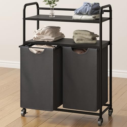 Hzuaneri Wäschekorb 2 Fächer, 2 x 46L, Wäschesammler mit 2 Ablagen, Wäschesortierer, Wäschesack ausziehbar und abnehmbar, pro Tasche 46 Liter, für Badezimmer, Waschküche, Grau LB08804B