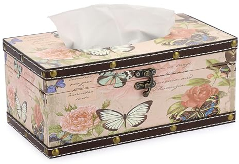 TOLIDA PU+ Wood Rectangular Tissue Box Cover, Decorative Tissue Holder | Retro Household Tissue Box Organiser, Tissue Paper Dispenser Storage Container for Bathroom Bedroom Living Room Office Cafe