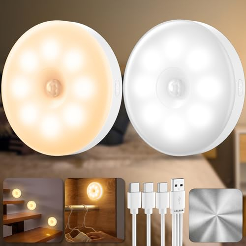 2 Unidades de Luz Nocturna con Detector De Movimiento Usb Recargable, LáMpara con Sensor de Movimiento Para Interiores, IluminacióN Led Para Escaleras, IluminacióN de Armario, 3 Modos de Luz Para