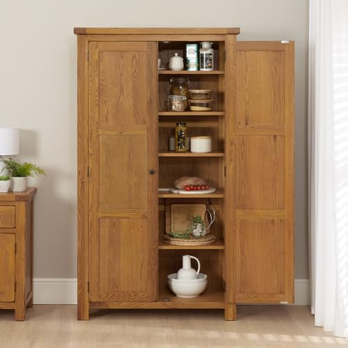 The Furniture Market Rustic Oak Double Shaker Kitchen Pantry Cupboard – Tall Wooden Storage Cabinet with Adjustable Shelves – Solid Oak Frame - H 1800 x W 1020 x D 410mm