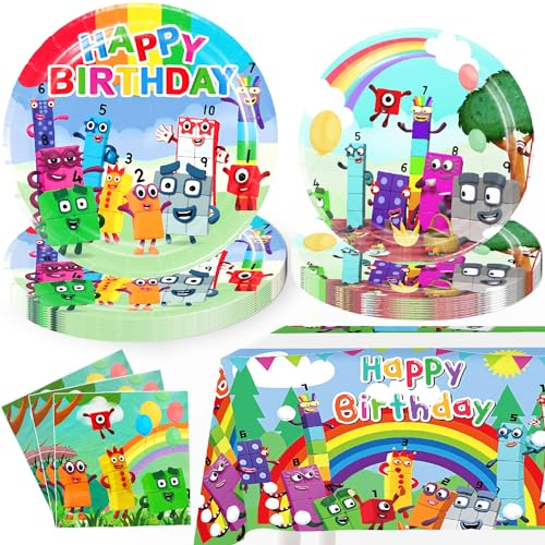 Number Birthday Decorations, 40pcs Plates 40pcs Napkins 1pc Waterproof Tablecloth Number Theme Party Supplies for Boy Girl Birthday Party