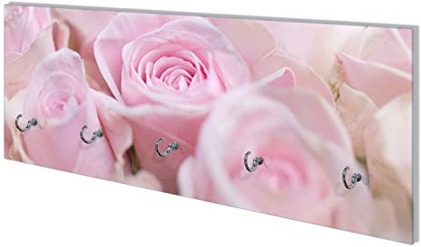 Wallario Wandgarderobe aus Glas in Größe 80 x 30 cm mit Memoboard-Funktion, Motiv: Rosafarbene Rosenblüten im Strauß | 5 Kleiderhaken zum Aufhängen von Jacken