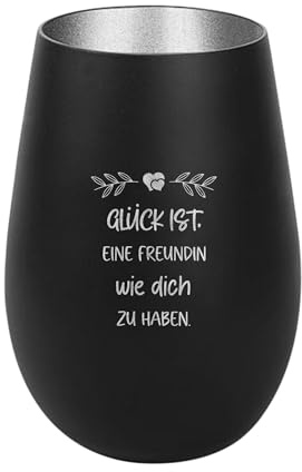 Der-Porzellan-Laden Windlicht mit Gravur Schwarz Silber Teelichthalter | Glück ist eine Freundin wie Dich zu haben, aus Glas mit Spruch, Tischdeko modern