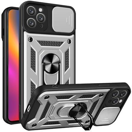 LBH Armor Hülle für Apple iPhone 11 Pro Max Case mit Kameraschutz Outdoor Stoßfest Handyhülle 360 Grad Metal Ring Halter Ständer Schutzhülle für Handyhalterung Auto Magnet Silber