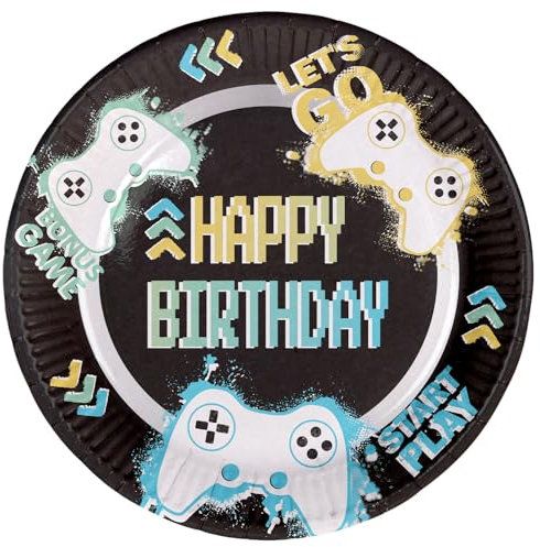 Folat 24966 Vidéo Fournitures Assietes-Level Up-23 cm-8 pièces-Décoration Vaisselle de Fête d'anniversaire Amateurs de Jeux, Noir