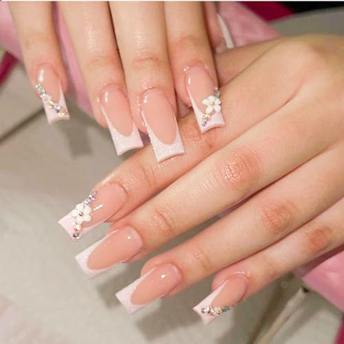 Goiern 3D Flower Fake Nails Square Pink French Press on Nails Long Bling Glossy Rhinestone False Nail Tips Artificial Nails Finger Manicure for Women and Girls 24pcs