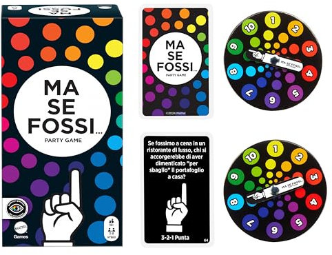 Mattel Games - E Se Fossi..., Erwachsenenspiel mit lächerlichen Fragen und Fingerabstimmung mit Karten und Rädern für 3-8 Spieler, italienische Version, HYB60