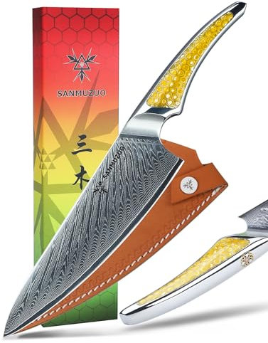 SANMUZUO Couteau de chef 20 CM, cuisine japonaise en acier Damas VG-10 Couteau, Couteau de cuisine ultra tranchant avec manche pleine soie en résine Jaune, série LA-S9