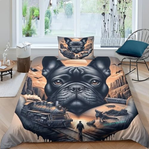 VesFy Französische Bulldogge Bettbezug Set 3D Gedruckter Tier Pet Bettwäschegarnitur Mädchen Junge Kinder Und Kissenbezüge Reissverschluss Weich Microfaser Bettwäsche 2 Teilig Single（235x200cm）