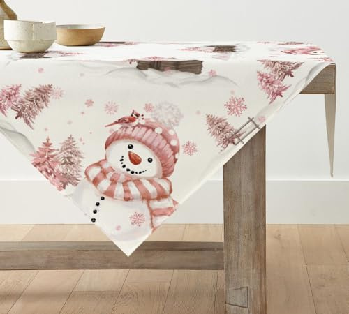 Artoid Mode Rosa Schneemann Bäume Weihnachten Tischdecke, Tischwäsche Winter Xmas Küche Tisch Dekoration Drinnen Urlaub Party Dekor 100x100 cm