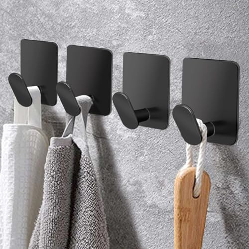 Viganoc Adhesive Wall Hooks, 4-Pack, Matte Black Stainless Steel, Self-Adhesive Towel and Coat Hooks