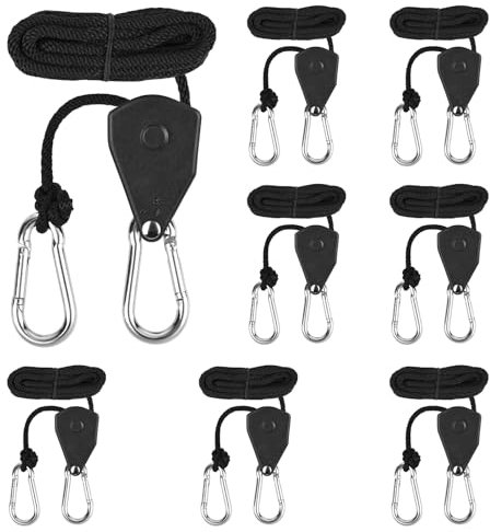 Diealles Shine 8 Stück Seilspanner, 2m Abspannseile mit Seilspanner, Einstellbare Seil Seilhaken Ratsche Seilratsche, 1/8 Zoll für Pflanzenventilator Licht Zimmerpflanzen, Nylon, Schwarz