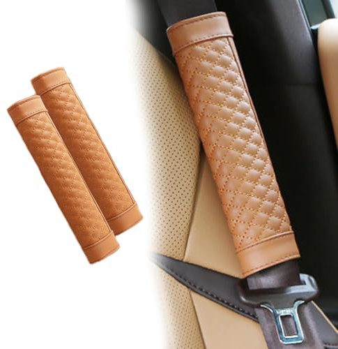 SMTCM Auto Gurtschutz PU Leder 2 Stück Universal Auto Gurtpolster Karierte Sicherheitsgurtbezug Gurtschoner Schulterpolster Polsterung für Sitzgurt Rucksack Umhängetasche Auto Deko(Braun,23 * 6CM)