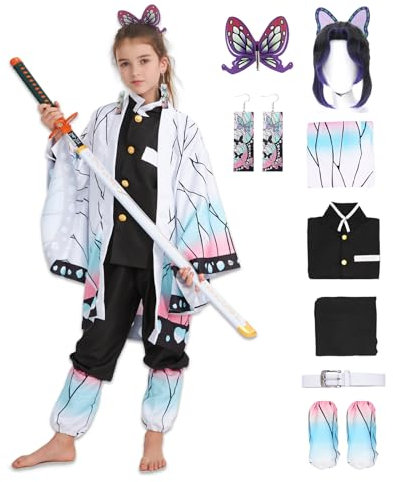 Pomzio Shinobu Cosplay Kostüm Shinobu Mädchen Shinobu Kleid mit Shinobu Perücke für Halloween Karneval 9 Stück Shinobu Cosplay Frauen Kostüme Shinobu Kleidung