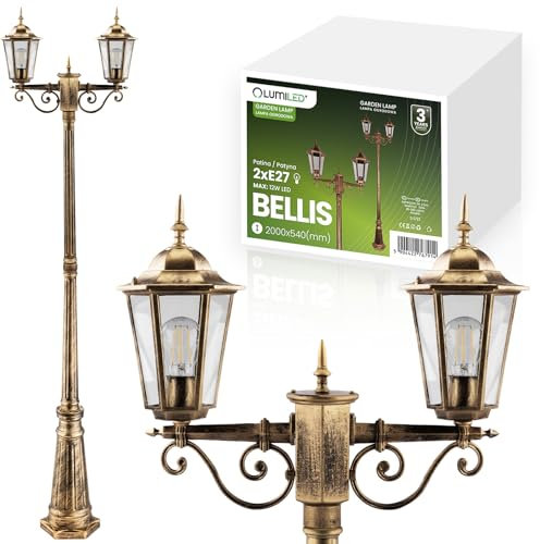 Lumiled Wegeleuchte Vintage Außenleuchte Außenstehleuchte 230V 200 cm Laterna Standlampe Aluminium Patina Wasserdicht für alle E27 Leuchtmittel 2xE27 Ideal für Outdoor Garten Retro Gartenlampe