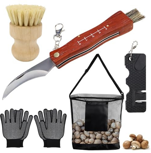 QGGTQG Coltello Funghi con Spazzola, in Acciaio Inossidabileda Esterno Coltello Pieghevole, Portatile Coltello per Funghi, Regali per Raccoglitori di Funghi, per la Raccolta Funghi all'aperto
