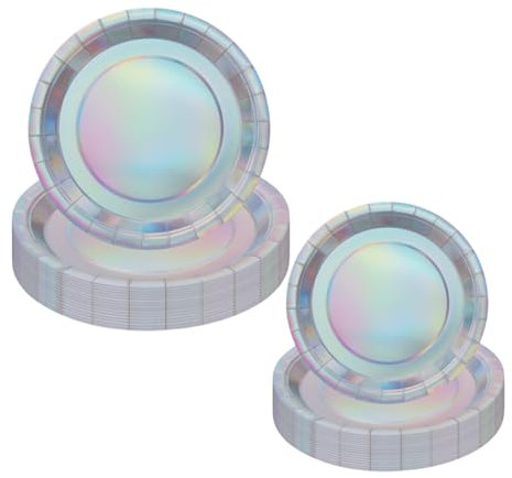 CEILIWEN Lot de 50 assiettes en carton irisé holographique de 22,9 cm et assiettes d'accompagnement de 17,8 cm pour fêtes (argent irisé)
