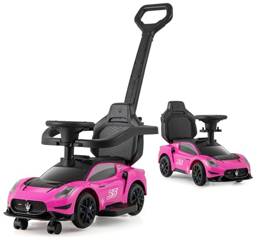 COSTWAY 3 en 1 Maserati Porteur Enfant avec Musique & Klaxon, Voiture à Pousser Enfant avec Poignée & Garde-Corps Amovibles, Espace Caché & 4 Pneus, Charge 25kg pour 18-60 Mois (Rose)