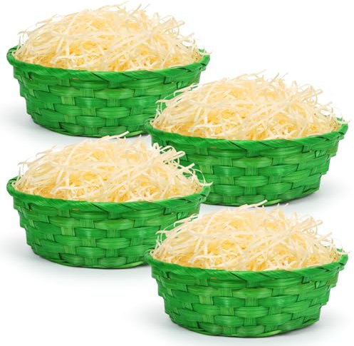 Epokus Cestas de Pascua con Hierba Decorativa, 4 Piezas Cesta de Pascua para Llenar Verde,100g Hierba de Pascua Marrón Natural, Cestas de Mimbre de Pascua para Niños Decoración de Huevos de Pascua