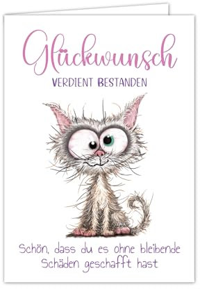 PICTALOO Glückwunschkarte bestandene Prüfung – ausgelaugte Katze – lustige Grußkarte zum Abitur, Examen, Schulabschluss, Ausbildung, Führerschein, Bachelor, witzige Karte Gratulation, Geschenk Abi