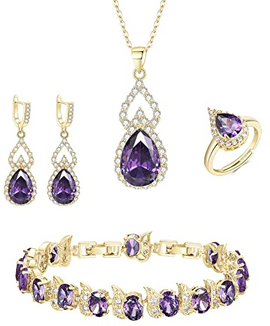 EleQueen Cubic Zirconia Pear-Shaped Anhänger Halskette Leverback Ohrringe Verstellbare Ringe Tennis Armband Set für Frauen, Hochzeit Brautschmuck Set für Bräute bridemaids Lila Gold-Ton