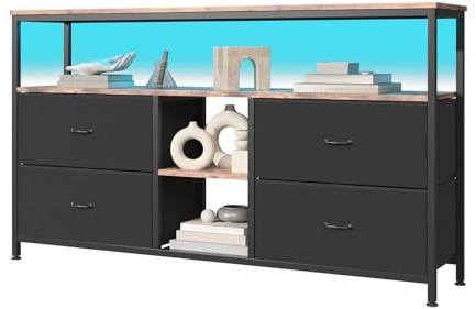 BestAlice Vintage TV-Möbel mit LED-Beleuchtung, Schließfach mit 4 Schubladen und 3 Regalen, Eisenrahmen und TV-Schrank mit Spanplatten, höhenverstellbare Beine, Multimedia-TV-Möbel (137 cm-C)