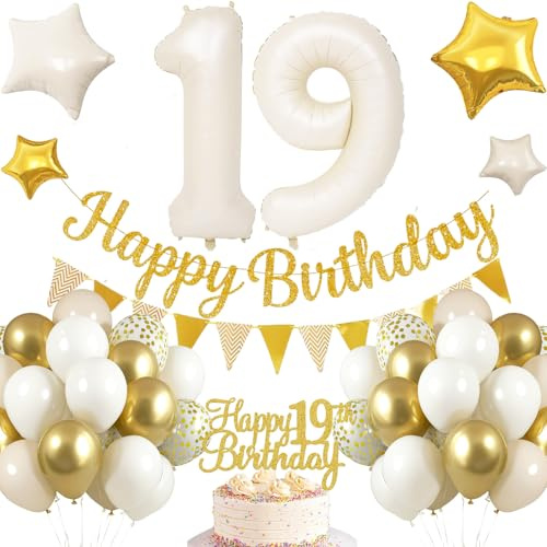 19.Geburtstag Dekoration,Luftballons 19.Geburtstag Beige Gold,Geburtstagsdeko für 19 jahre Mädchen Junge, Happy Birthday Girland Ballon 19 Deko zum Geburtstags, 19. Geburtstag Ballon Deko-Set