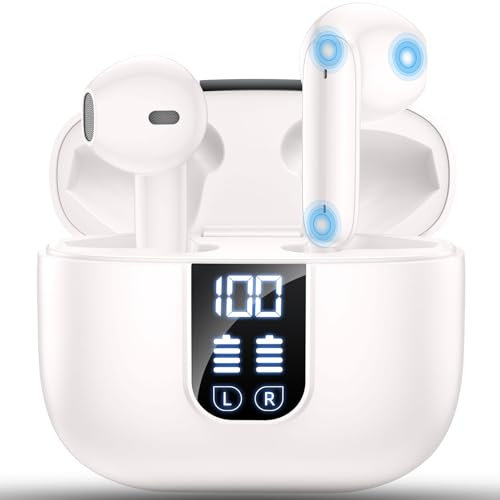 Wireless Earbuds Bluetooth 5.4 In Ear Buds 6 Mic ENC Noise Cancelling Clear Calls, Deep Bass HiFi Stereo Sound Earphones 35H Playtime LED Power Display IP7 Waterproof Headphones for Android iOS Snow