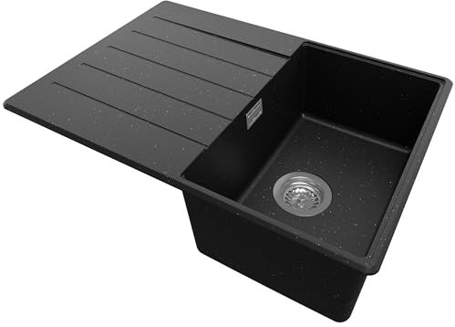 PRIMAGRAN Lavello da Cucina Nero Metallico 70x50cm, Lavandino da Cucina a 1 vasca + Sifone Classico, Lavabo da Cucina Incasso al mobile 40cm - Copenhagen